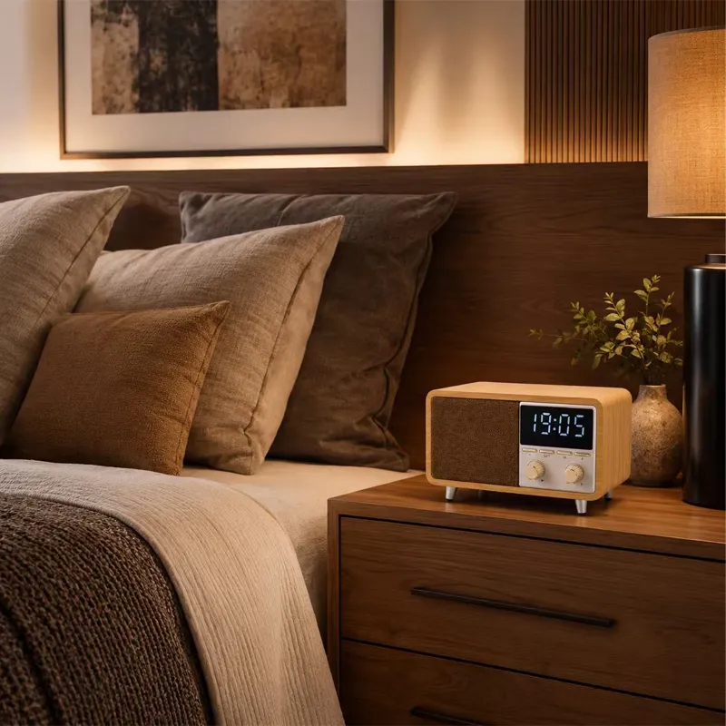 ZTZW063 Retro Bluetooth Speaker Clock Radio with Fabric Grille&Wood Finish,Vintage FM Radio with Dual Alarm