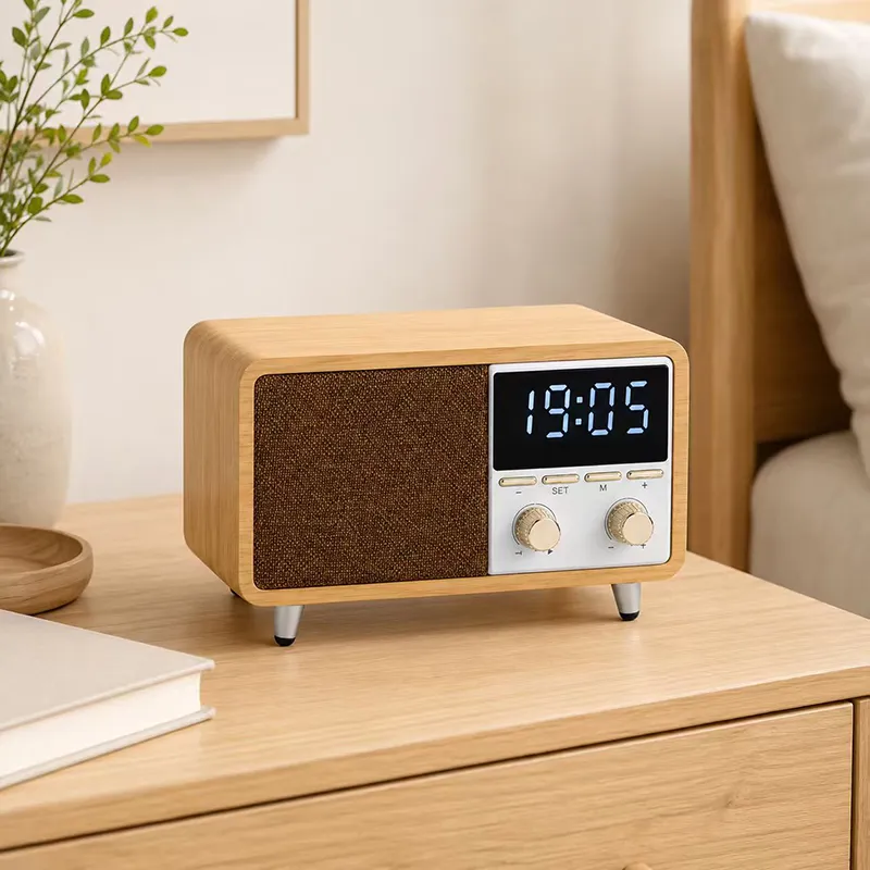 ZTZW063 Retro Bluetooth Speaker Clock Radio with Fabric Grille&Wood  Finish,Vintage FM Radio with Dual Alarm