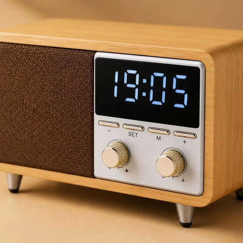 ZTZW063 Retro Bluetooth Speaker Clock Radio with Fabric Grille&Wood  Finish,Vintage FM Radio with Dual Alarm