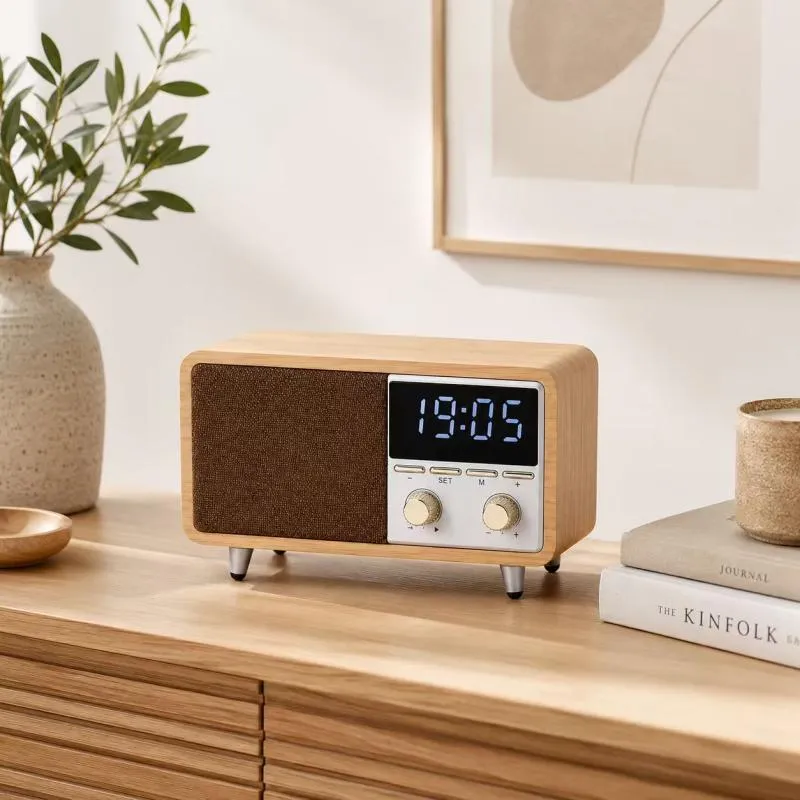 ZTZW063 Retro Bluetooth Speaker Clock Radio with Fabric Grille&Wood  Finish,Vintage FM Radio with Dual Alarm