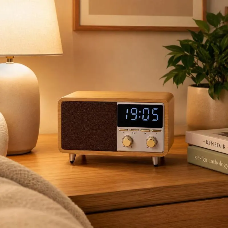 ZTZW063 Retro Bluetooth Speaker Clock Radio with Fabric Grille&Wood  Finish,Vintage FM Radio with Dual Alarm