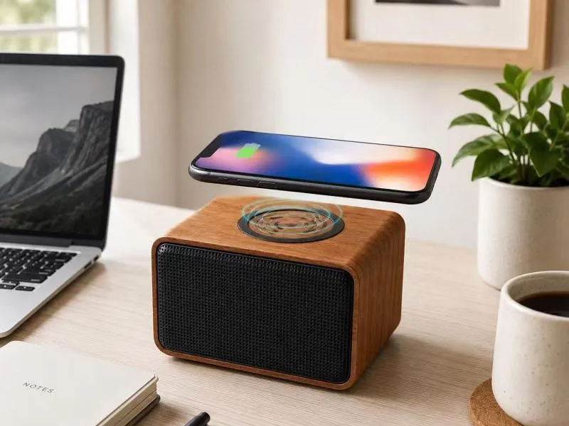 Description of XS-WC02 Wireless Wooden Speaker with Wireless Charging