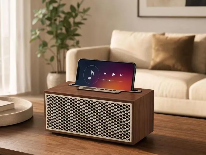 Description of ZTZ005-4 Wood Grain Bluetooth Speaker with Phone Stand