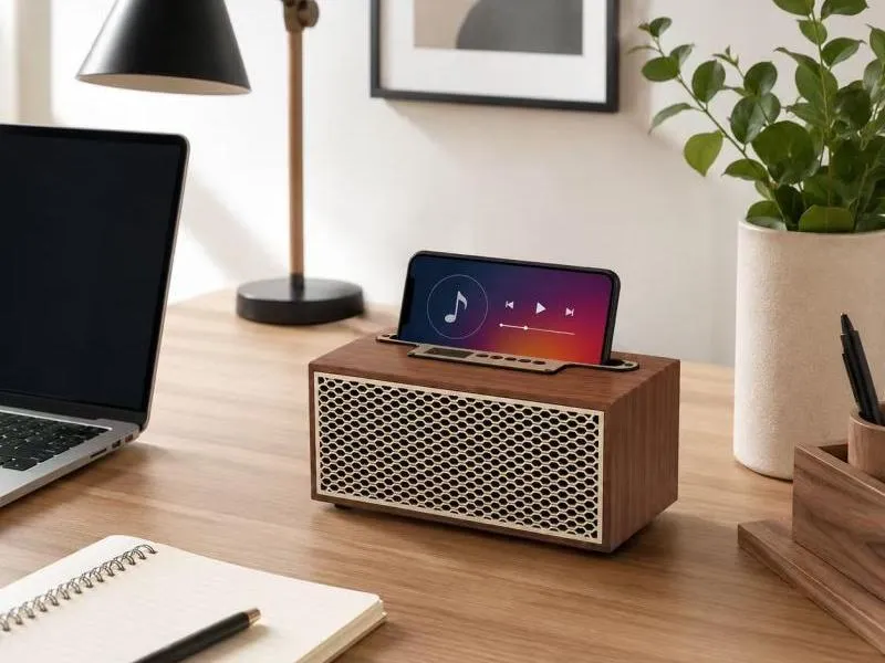 Description of ZTZ005-4 Wood Grain Bluetooth Speaker with Phone Stand