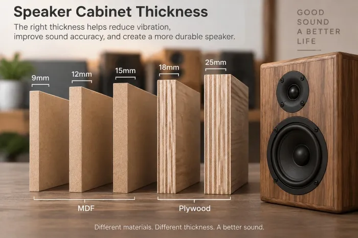 Speaker cabinet thickness guide showing MDF and plywood materials with different thickness options