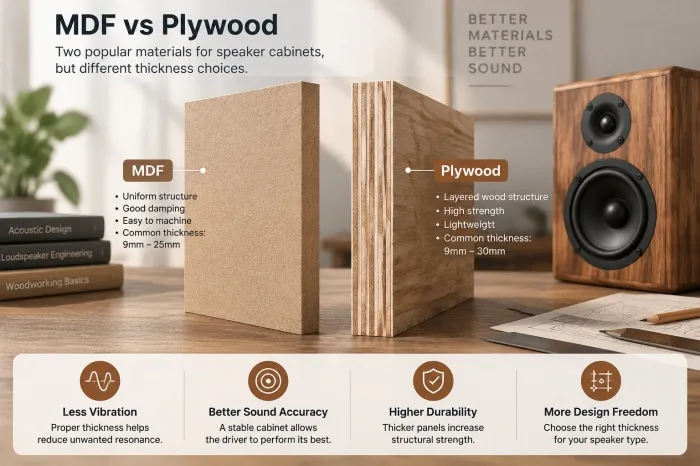 MDF vs plywood speaker cabinet material comparison showing thickness, strength, and acoustic properties